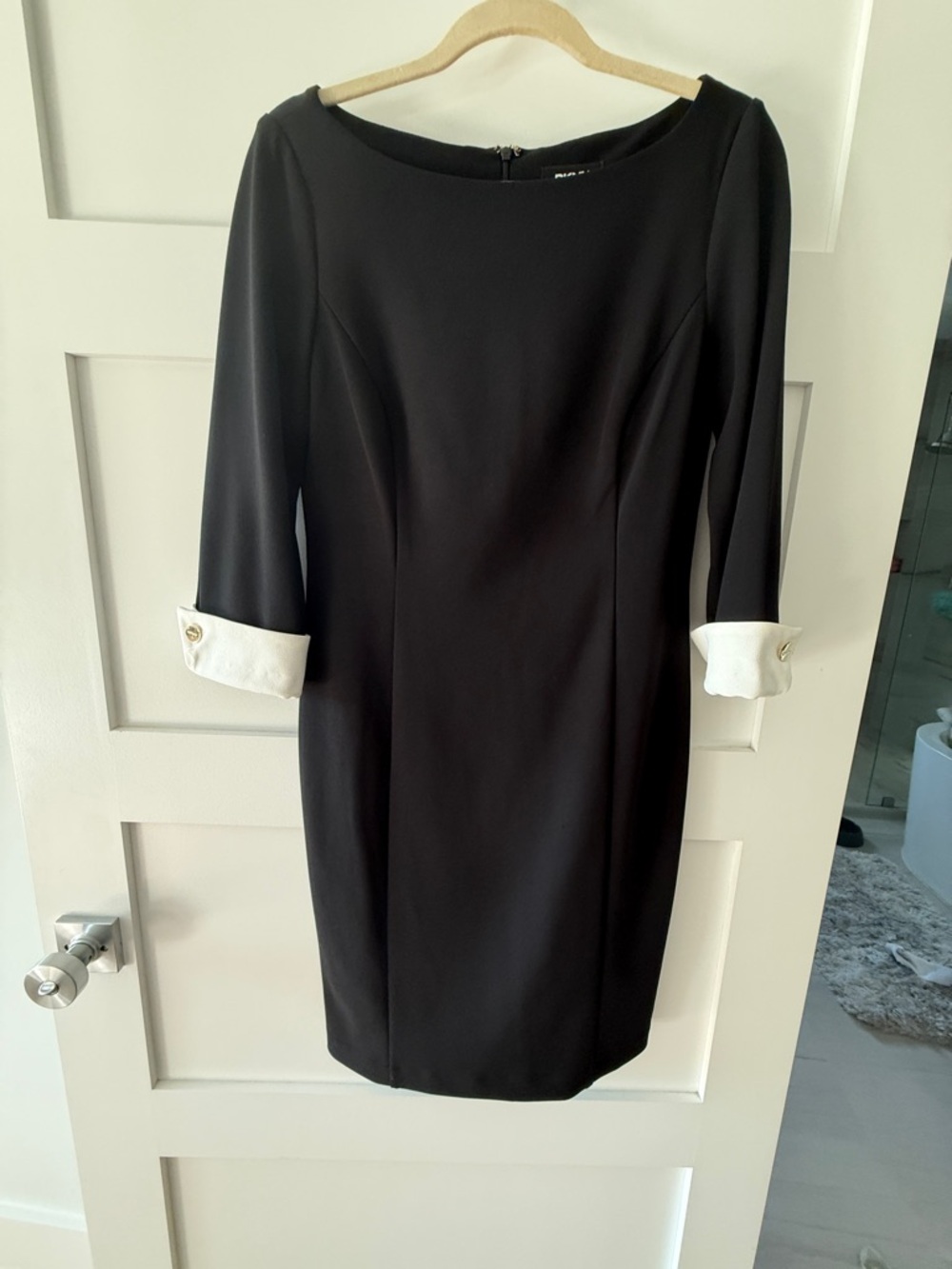 DKNY Black 3/4 Sleeve Sheath Dress with White Cuff Detail